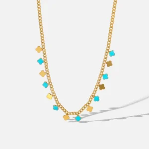 Gold and blue enamel 4-leaf clover necklace - curb chain NILA