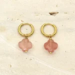 Boucles d'oreilles trefle 4 feuilles en quartz rose et acier inoxydable doré