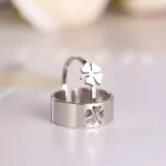 Paire de bague couple trefle 4 feuilles argent - acier inoxydable AMOR