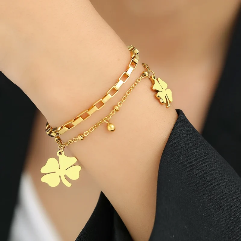 Double bracelets two four-leaf clovers oval and rectangular mesh ELA