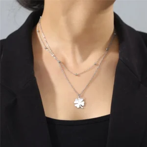 Double chain necklace four-leaf clover stainless steel in silver FLORA