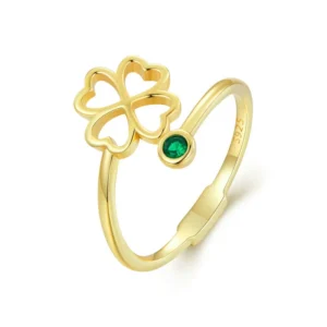 Elegant open gold and green zircon 4-leaf clover ring - 925 sterling silver VERA