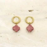 Boucles d'oreilles trefle 4 feuilles en rhodonite et acier inoxydable doré