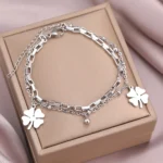 Silver double bracelets two four-leaf clovers oval and rectangular mesh ELA