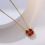 Collier trefle 4 feuilles transformable en coeur or zircon rouge ALOK - acier inoxydable