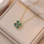 Gold 4-leaf clover necklace with green zircon transformable into 4 hearts ELEA