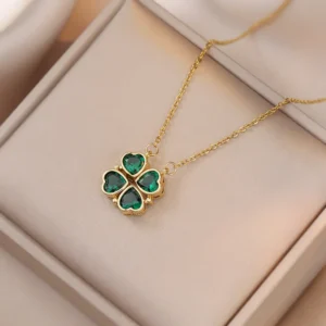 Gold 4-leaf clover necklace with green zircon transformable into 4 hearts ELEA